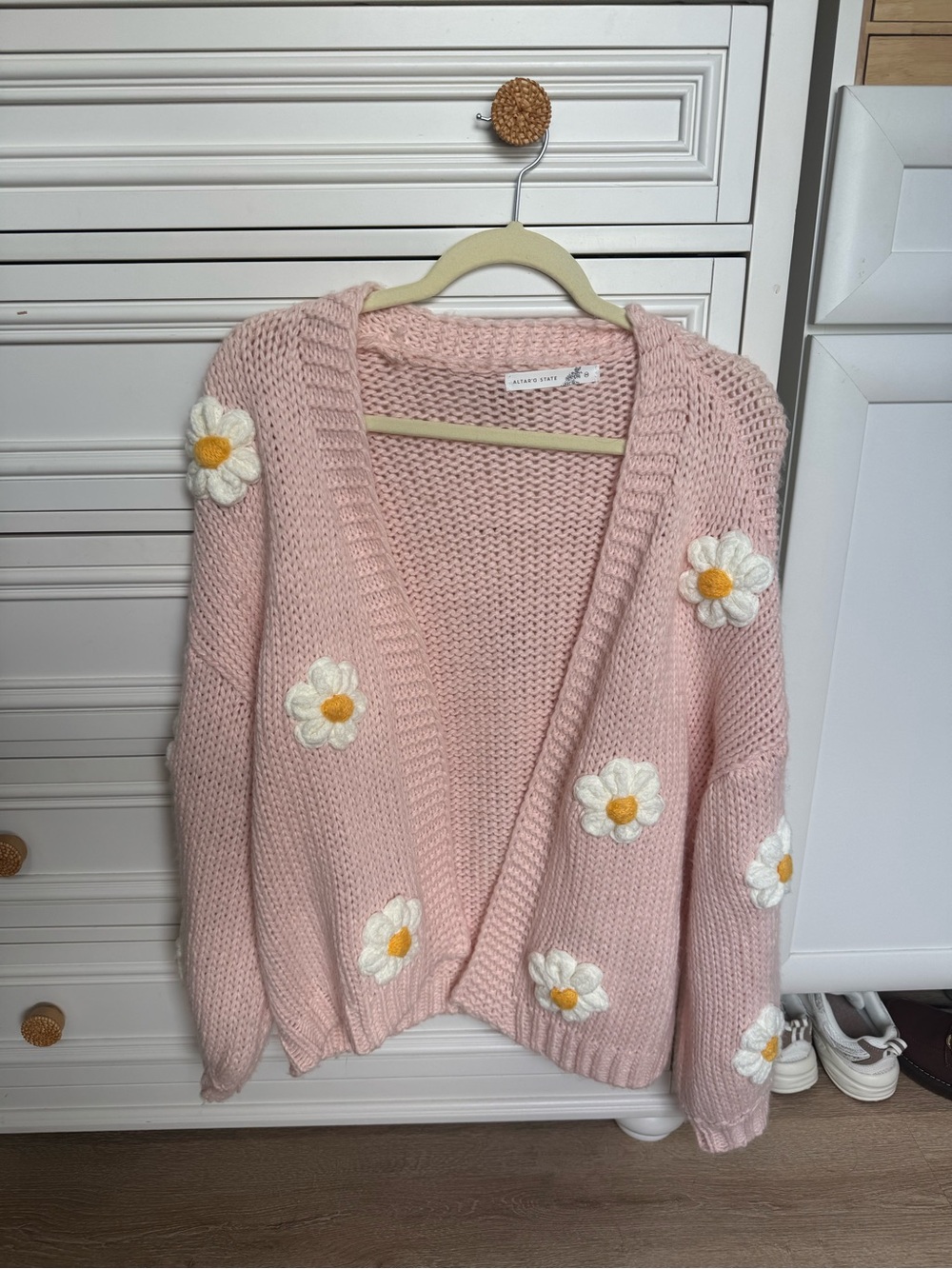 Altar'd State Pink Daisy-Knit Open Cardigan